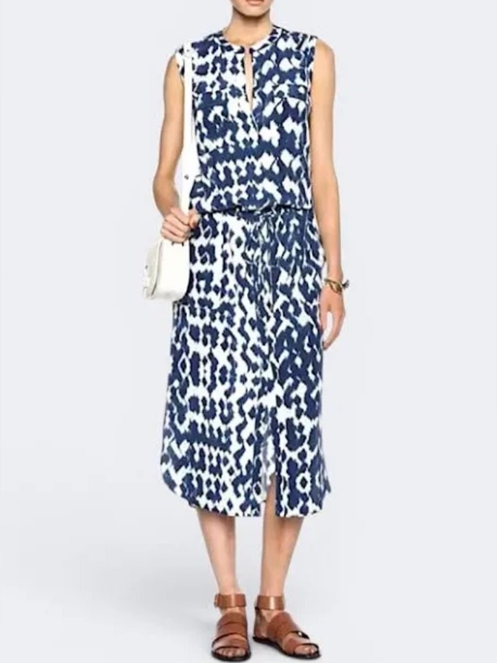 Vince Blouson Silk Sleeveless Midi Maxi Cargo Dress Ikat Blue White Print Small